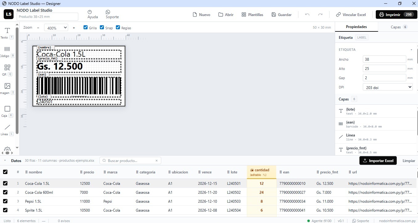 Designer de NODO Label Studio con etiqueta de producto y Excel cargado