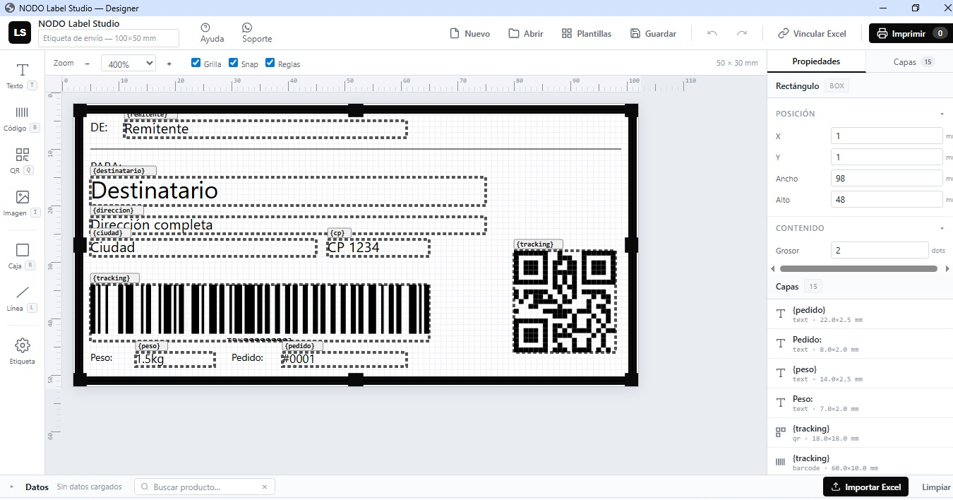 Diseñador NODO Label Studio editando una etiqueta de envío