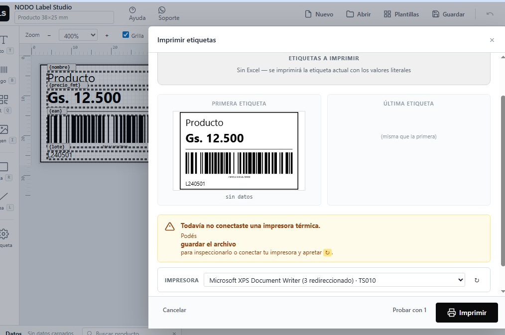 Modal de impresión con preview de la etiqueta
